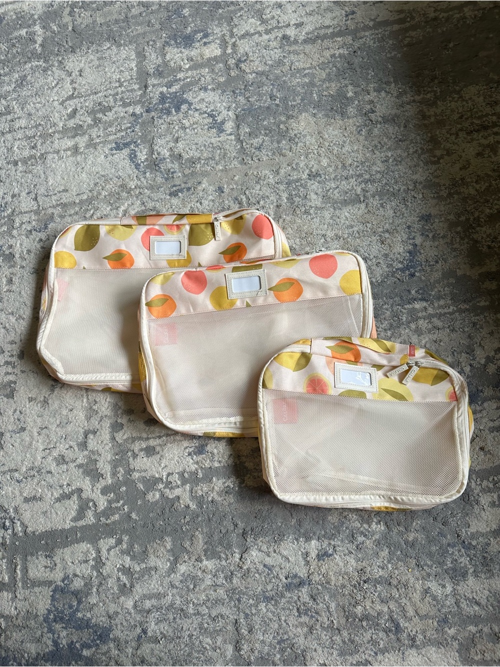 Calpak Peach and Yellow Fruit Print Packing Cubes Set of 3 Small, Medium, Large